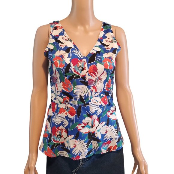 J.Crew Size 0 Blue Tropical Floral Linen Blend Peplum Tank Top Blouse V Neck - Picture 1 of 9